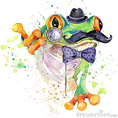 Funny frog T-shirt graphics. frog illustration with splash watercolor textured background. unusual illustration watercolor frog fa Cartoon Illustration