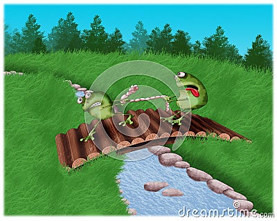 Funny frogs on the bridge share a worm. Children`s book illustration Cartoon Illustration