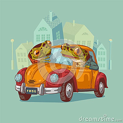 Funny frogs in retro car. Vector illustration. Anthropomorphic frogs Vector Illustration
