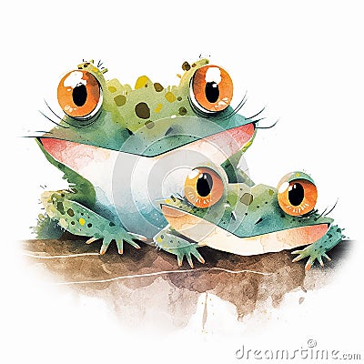 Funny frogs on white background. Cartoon watercolor illustration. Generative AI Cartoon Illustration