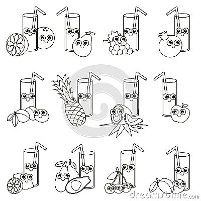 Funny Fruit and Berry Juices in Glass set set, the big page to be colored, simple education game for kids. Vector Illustration