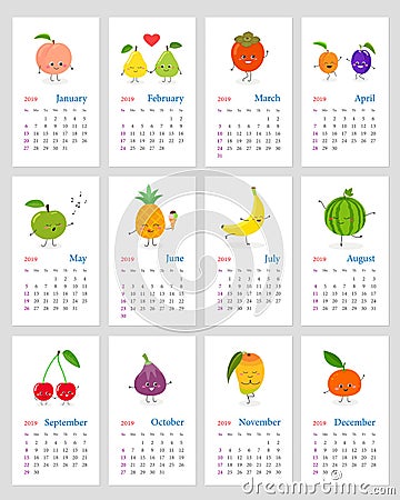 Funny fruit calendar 2019 Vector Illustration