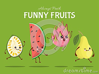 Funny fruit character jump walk, tropical food leap flat vector illustration. Watermelon, pear, dragon fruit and durian Vector Illustration