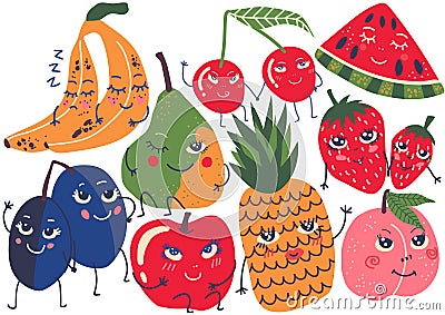 Funny Fruit Characters Set, Banana, Plum, Pear, Cherry, Pineapple, Strawberry, Peach, Watermelon Vector Illustration Vector Illustration