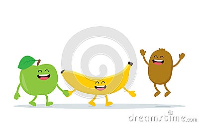Funny fruits characters. Apple, banana and kiwi Vector Illustration