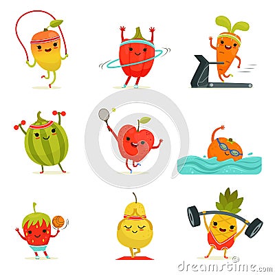 Funny fruits make fitness exercises. Vector cartoon set with diet foods Vector Illustration