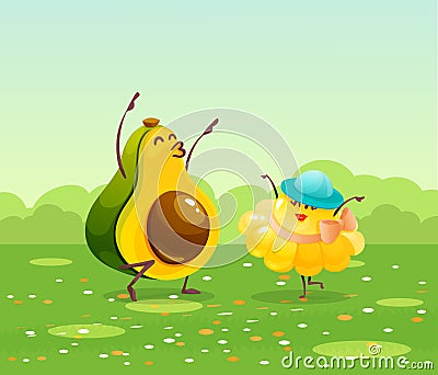Funny fruits and vegetables cartoon character. Avocado and eggplant dancing together in meadow. Cute food characters vector Vector Illustration