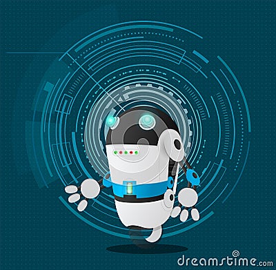 Funny futuristic robot with lamps eyes at wheel, working android, cybernetic science creature Vector Illustration