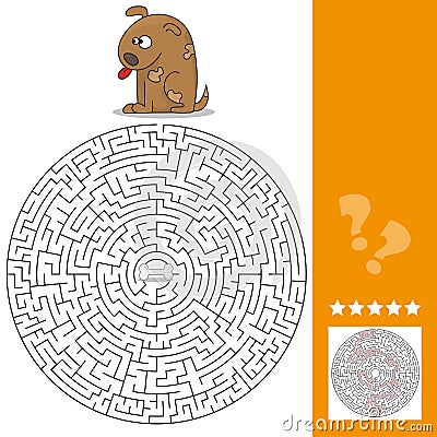 Funny game for children education. Maze. Help the Cartoon Dog Find the Bone Vector Illustration