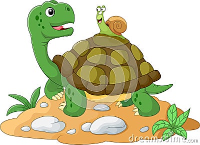 Funny garden snail taking a lift on a turtle's back Vector Illustration