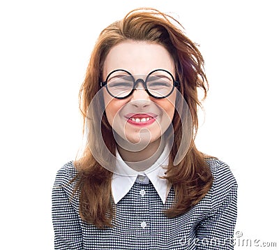 Funny geek or loony girl showing gritted teeth Stock Photo