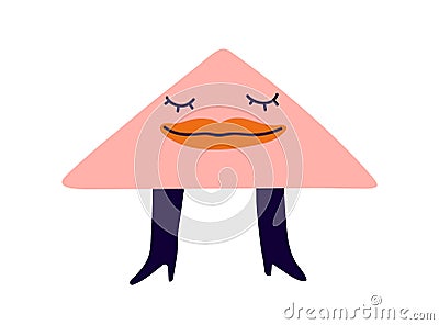 Funny geometric shape on heels. Cute comic character, calm peaceful face, closed eyes, lips. Whimsical creative triangle Vector Illustration
