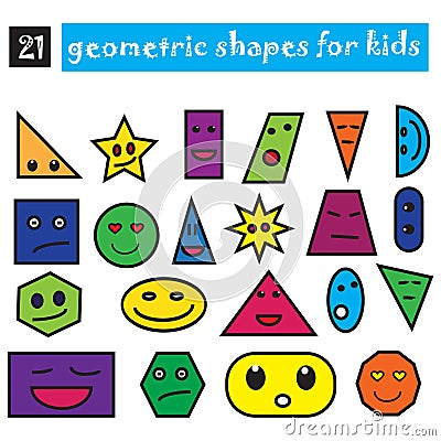 Funny geometric shapes set of 21 icons. Cartoon flat design for children. Colored smiling objects isolated Cartoon Illustration