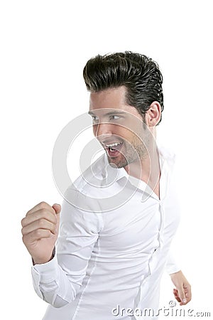 Funny gesture dancing young male man over white Stock Photo