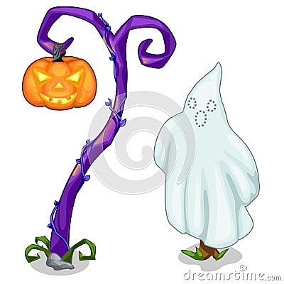 Funny ghost and magical tree with carving pumpkin Vector Illustration