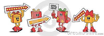 Funny gift box characters holding signs arrows and banner in trendy groovy retro cartoon style. Vector Illustration