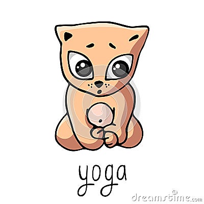 Funny ginger yoga kitten sits in a lotus pose with the inscription. Vector Illustration