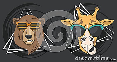 Funny giraffe and bear with sunglasses cool style Vector Illustration