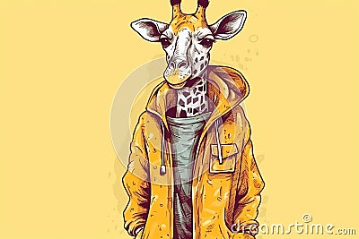 Funny giraffe with casual clothes. A tall animal wearing a yellow and fashion coat. Generative AI Stock Photo