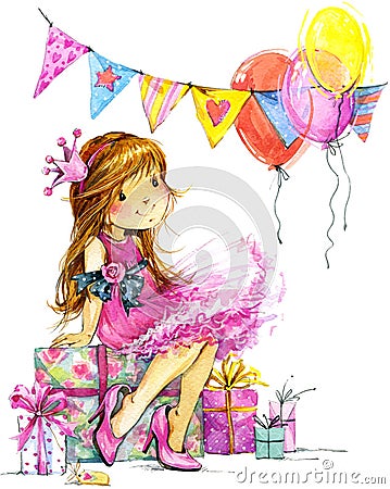 Funny girl and birthday holiday background. watercolor illustration Cartoon Illustration