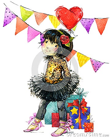 Funny girl and birthday holiday background. watercolor illustration Cartoon Illustration