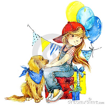 Funny girl and birthday holiday background. watercolor illustration Cartoon Illustration