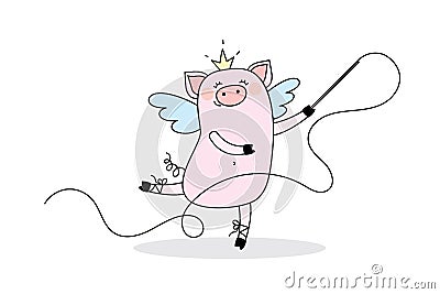 Funny girl Pig dreams of being a ballerina and gymnast Vector Illustration