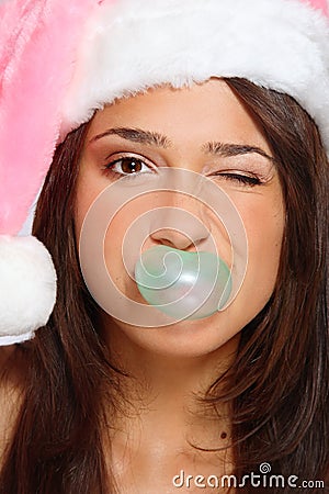 Funny girl in Santa hat Stock Photo