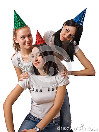 Funny girls in fool caps Stock Photo