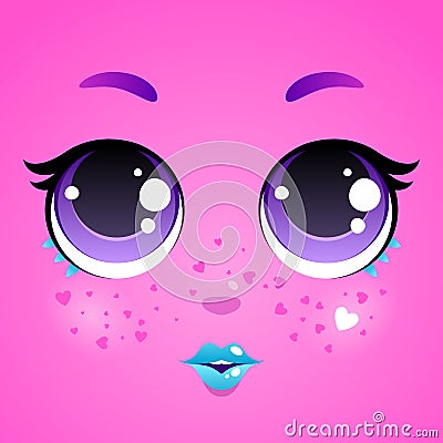 Funny girly doll face. Kawaii avatar. Vector Illustration