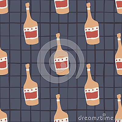 Funny glass bottle seamless pattern on stripes background. Rum bottles Cartoon Illustration