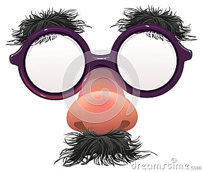 Funny glasses nose. Surface nose and glasses. Black eyebrows, mustache. 1 April Fools Day Vector Illustration