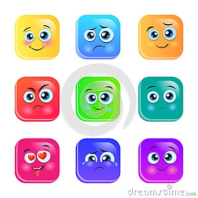 Funny glossy cartoon faces with emotions on bright colored background Vector Illustration