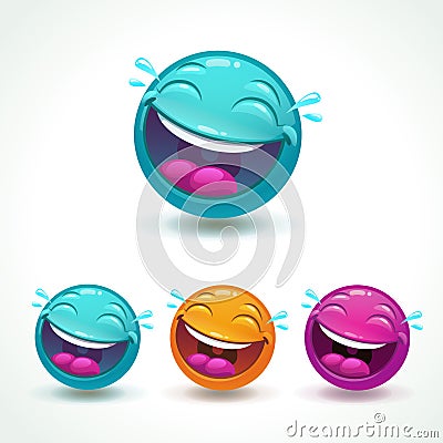 Funny glossy comic round character. Laughing face emoji. Vector Illustration