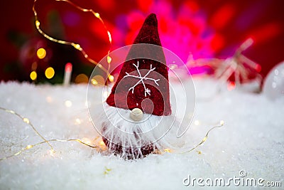 Funny gnom in the snow, merry christmas Stock Photo