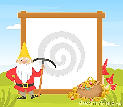 Funny Gnome with Blank Banner, Fairy Dwarf with Pickaxe and Gemstones, Background, Card, Advertising Poster Cartoon Stock Photo