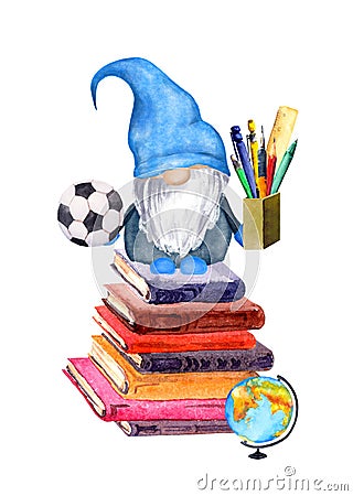 Funny gnome with football ball and pen in hands. Watercolor illustration for education design with school items - globe Cartoon Illustration