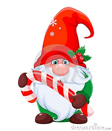 Funny gnome holding big candy cane Vector Illustration