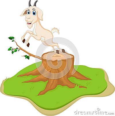 Funny goat cartoon on tree stump Stock Photo