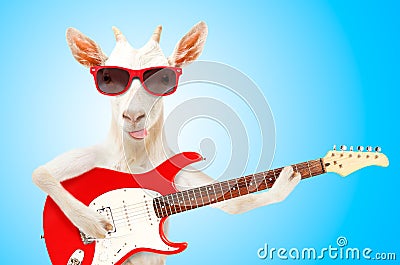 Funny goat in sunglasses with electric guitar Stock Photo