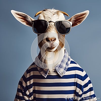 Funny Goat With Sunglasses And Striped Sweater Stock Photo