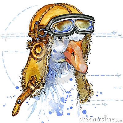 Funny goose aviator hat watercolor. fashion print Stock Photo