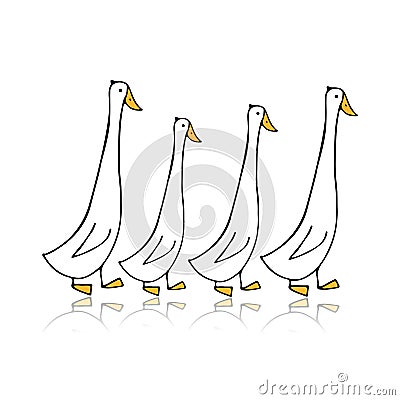 Funny goose family, sketch for your design Vector Illustration