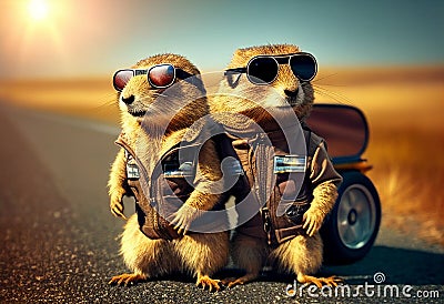 Funny gophers wearing a jacket and sunglasses on the road. AI Generated Stock Photo