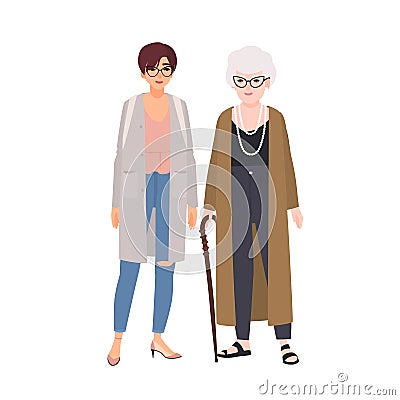 Funny grandmother and granddaughter standing and talking. Happy old lady and young teenage girl having fun together Vector Illustration