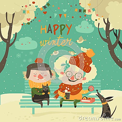 Funny grandmother and grandfather sitting with cat and dog in winter park Vector Illustration