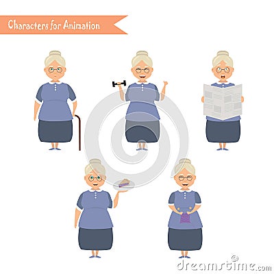 Funny Grandmother housewife cartoon. Stock Photo