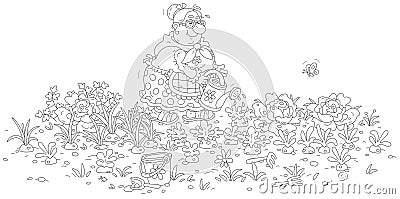 Funny granny in her vegetable garden Vector Illustration