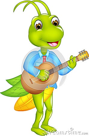 Funny grasshopper cartoon standing with playing guitar and smile Cartoon Illustration