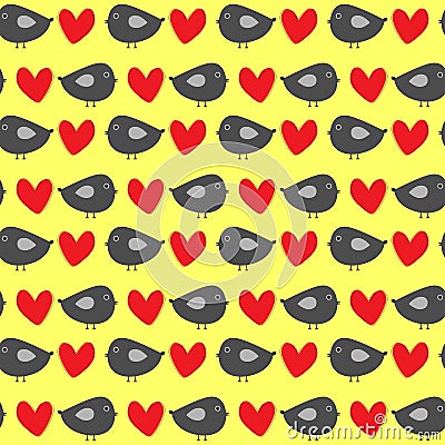 Funny gray birdies with red hearts on a yellow background. Colorful seamless pattern for children. Vector Illustration